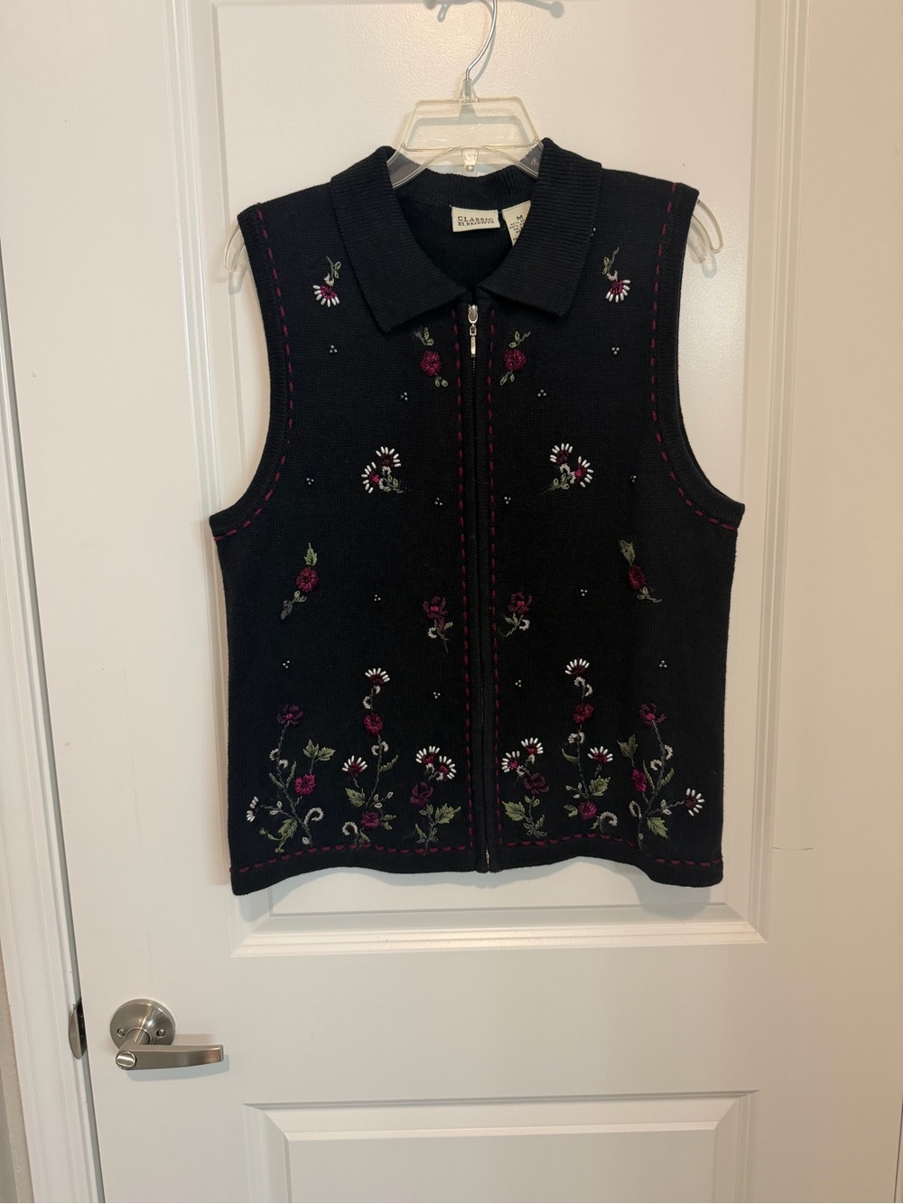 Vintage Classic Elements Floral Embroidered Holiday Sweater Vest Zip Front M